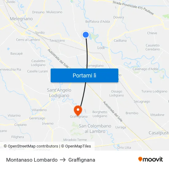 Montanaso Lombardo to Graffignana map