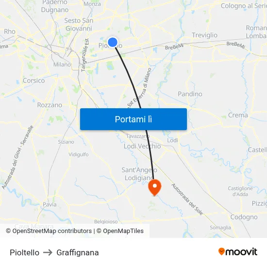 Pioltello to Graffignana map