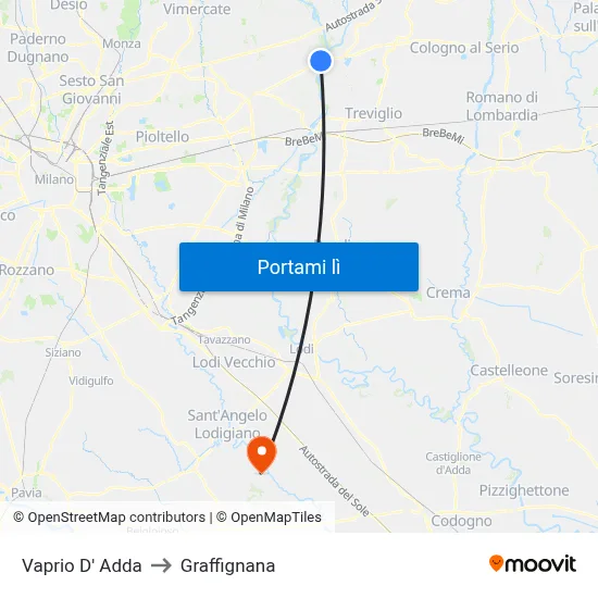 Vaprio D' Adda to Graffignana map
