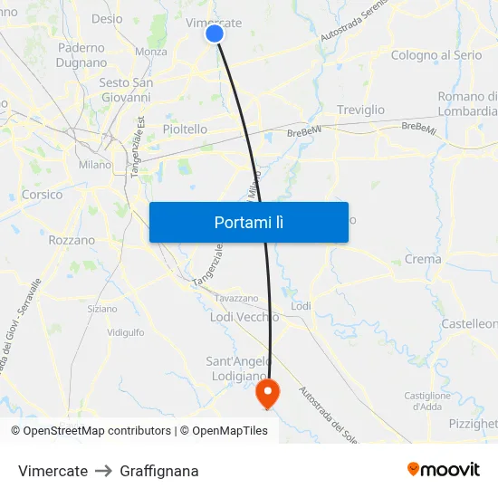 Vimercate to Graffignana map