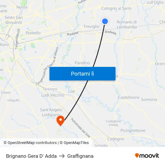 Brignano Gera D' Adda to Graffignana map