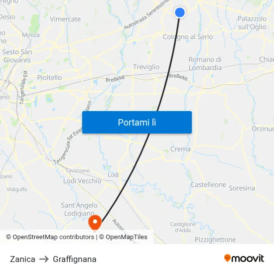 Zanica to Graffignana map