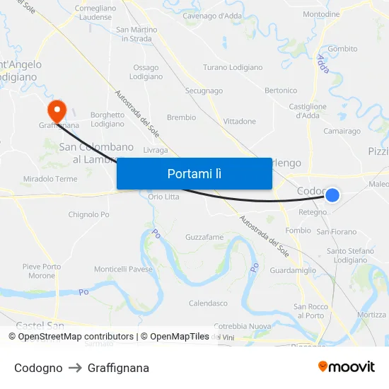 Codogno to Graffignana map