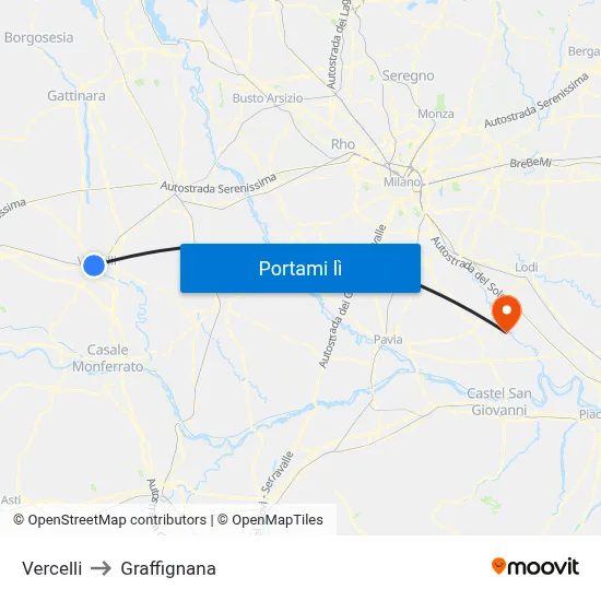 Vercelli to Graffignana map