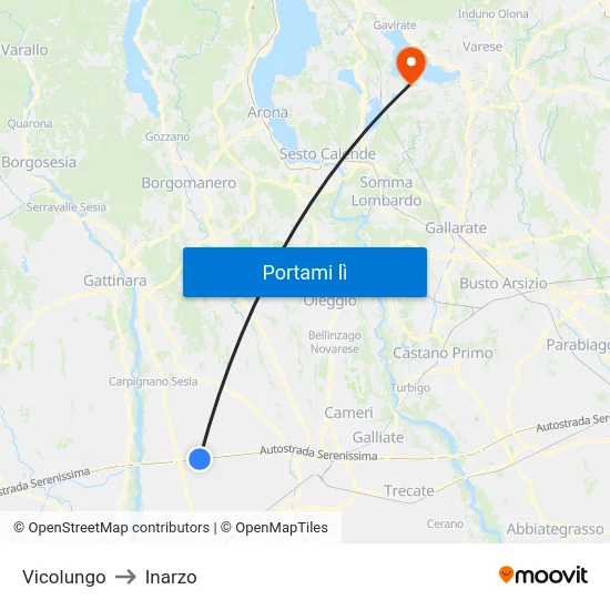 Vicolungo to Inarzo map