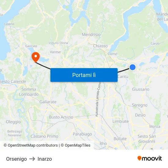 Orsenigo to Inarzo map