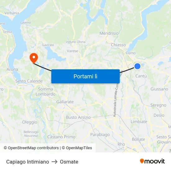 Capiago Intimiano to Osmate map