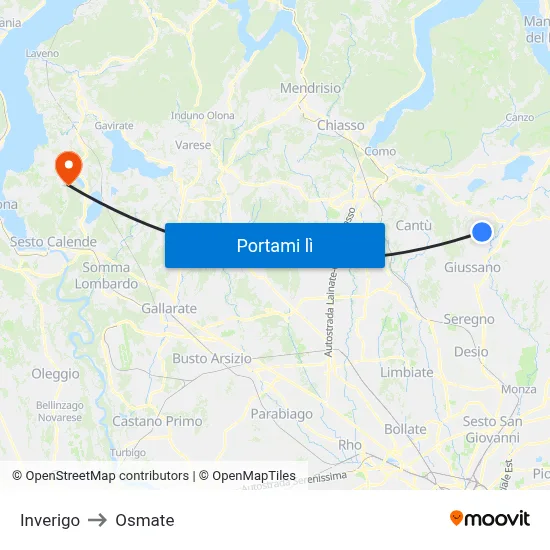 Inverigo to Osmate map