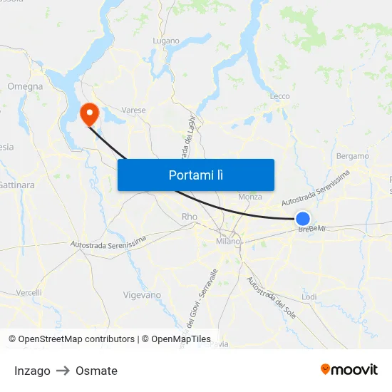 Inzago to Osmate map
