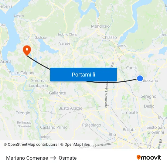 Mariano Comense to Osmate map