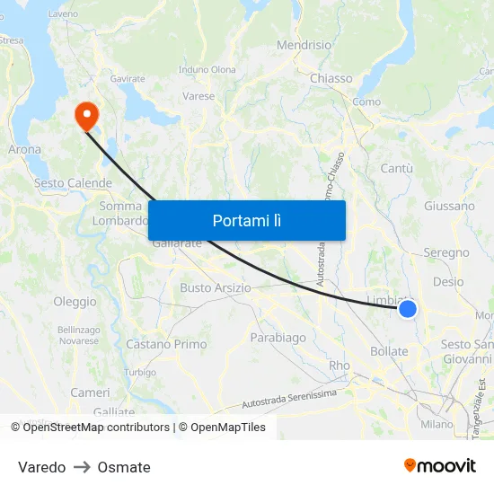 Varedo to Osmate map