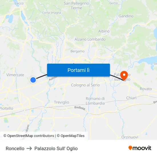 Roncello to Palazzolo Sull' Oglio map