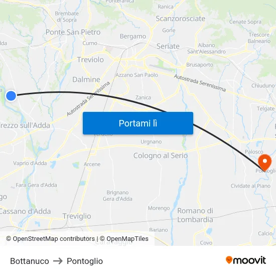 Bottanuco to Pontoglio map