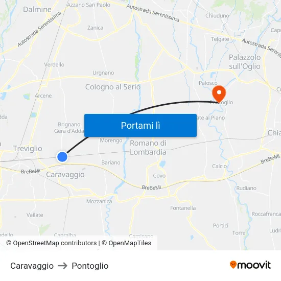 Caravaggio to Pontoglio map