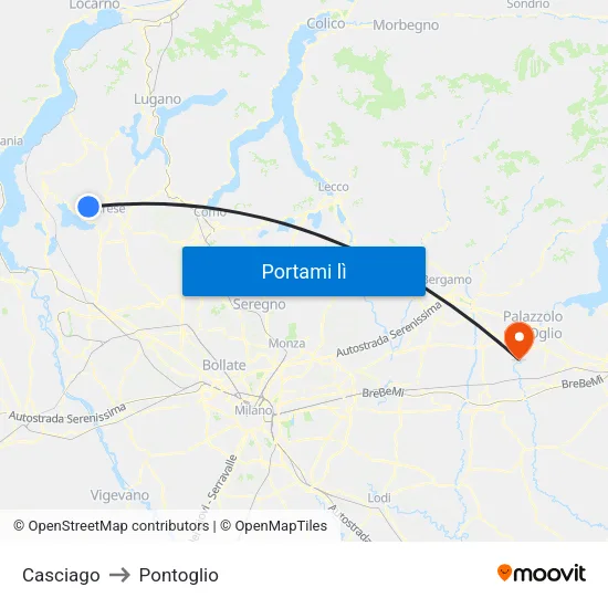 Casciago to Pontoglio map