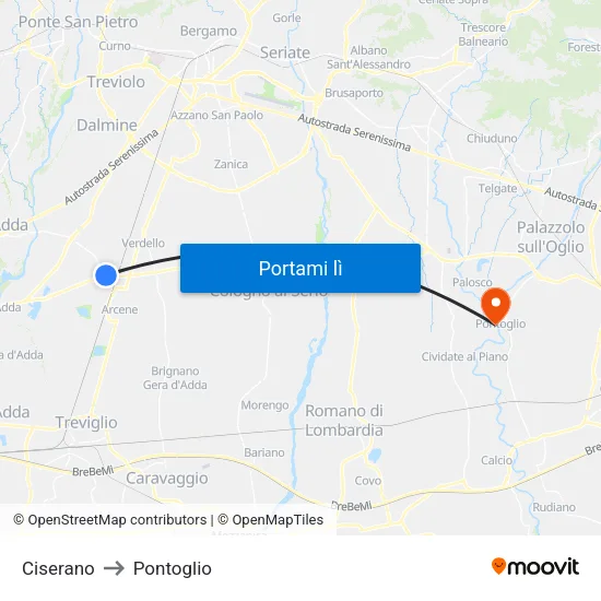 Ciserano to Pontoglio map