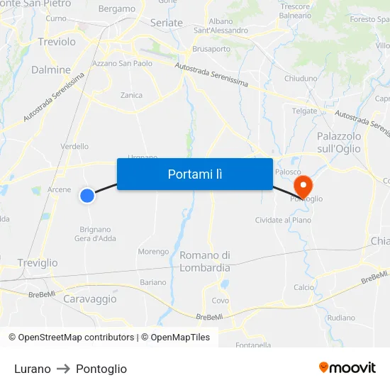 Lurano to Pontoglio map