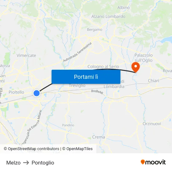 Melzo to Pontoglio map