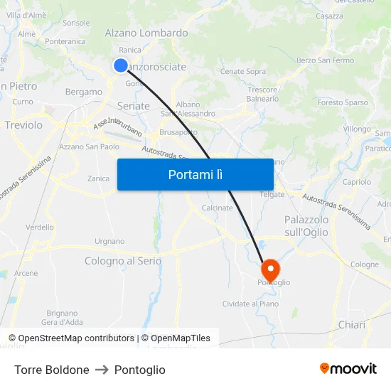 Torre Boldone to Pontoglio map