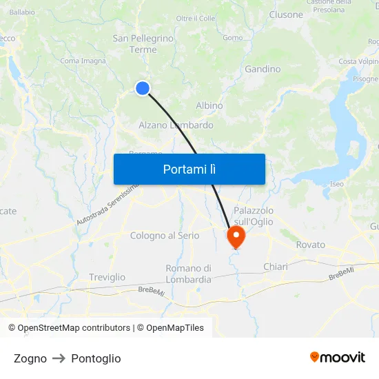 Zogno to Pontoglio map
