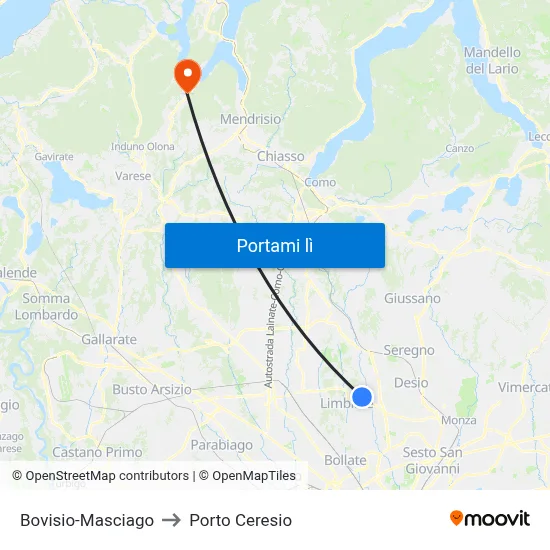 Bovisio-Masciago to Porto Ceresio map