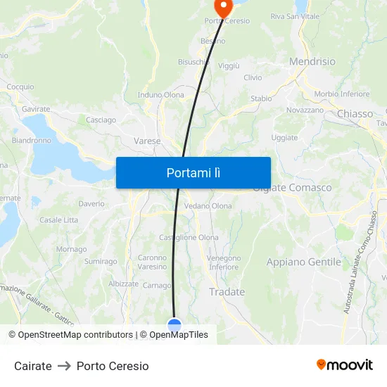 Cairate to Porto Ceresio map