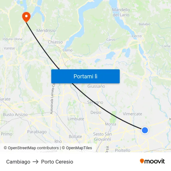 Cambiago to Porto Ceresio map