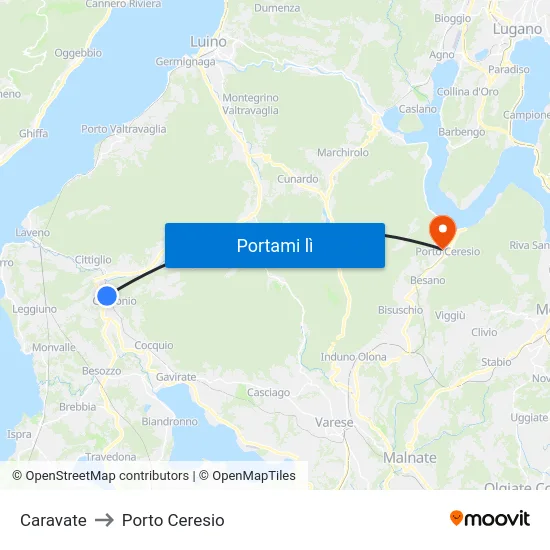 Caravate to Porto Ceresio map