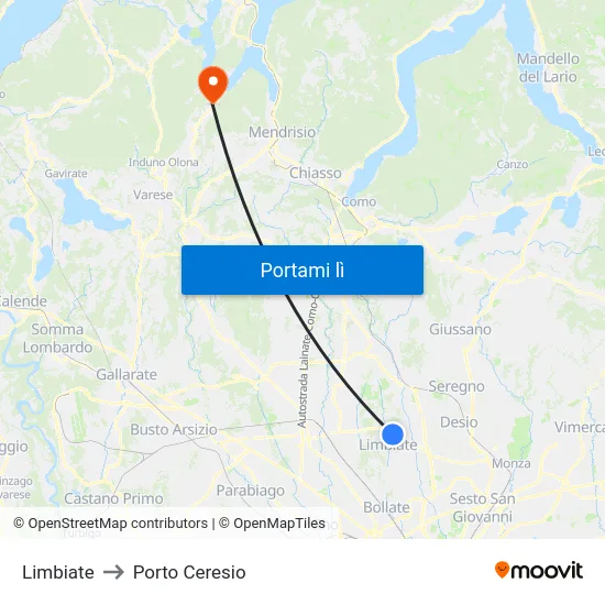 Limbiate to Porto Ceresio map