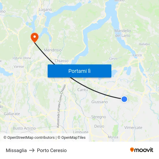 Missaglia to Porto Ceresio map