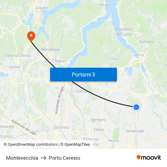 Montevecchia to Porto Ceresio map