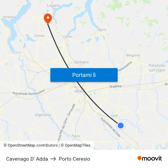 Cavenago D' Adda to Porto Ceresio map