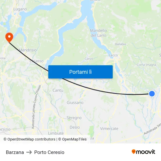 Barzana to Porto Ceresio map
