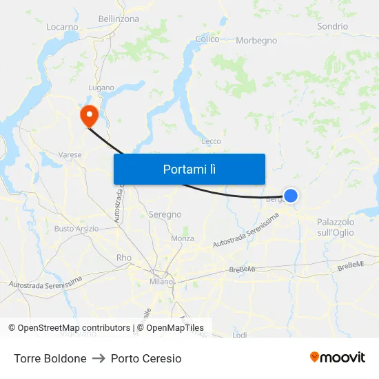Torre Boldone to Porto Ceresio map