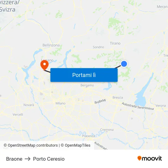Braone to Porto Ceresio map