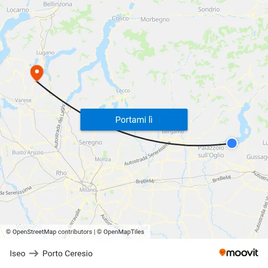 Iseo to Porto Ceresio map