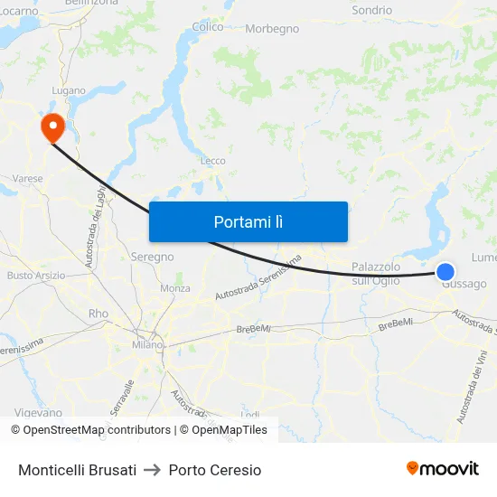 Monticelli Brusati to Porto Ceresio map