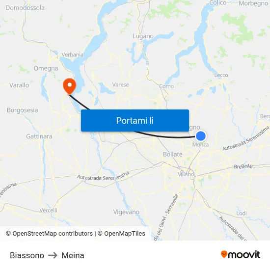 Biassono to Meina map