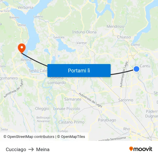 Cucciago to Meina map