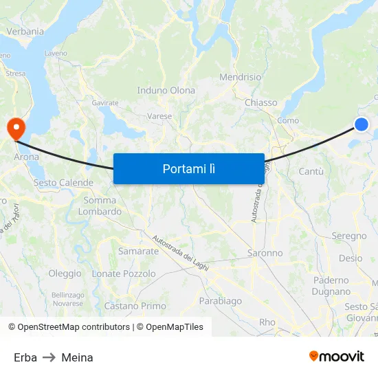 Erba to Meina map