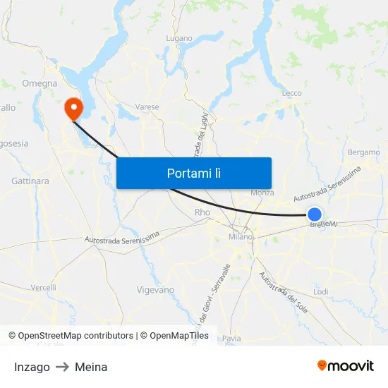 Inzago to Meina map