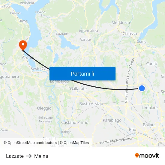 Lazzate to Meina map