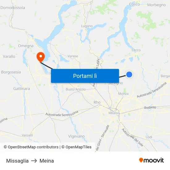 Missaglia to Meina map