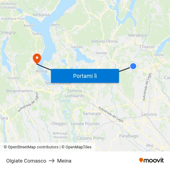Olgiate Comasco to Meina map