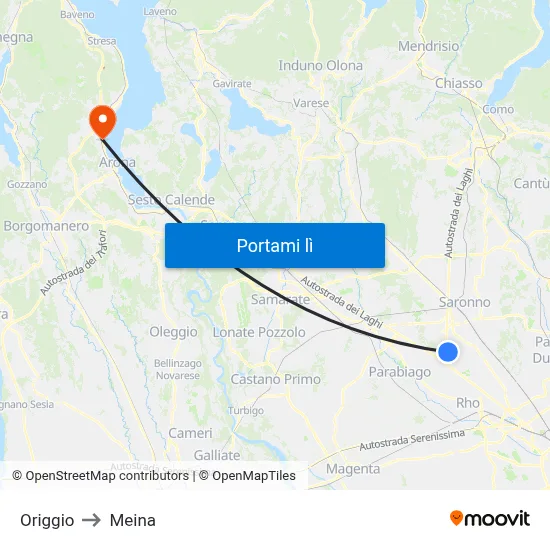 Origgio to Meina map