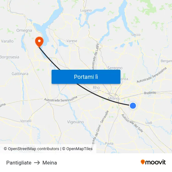 Pantigliate to Meina map