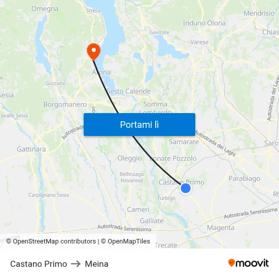 Castano Primo to Meina map