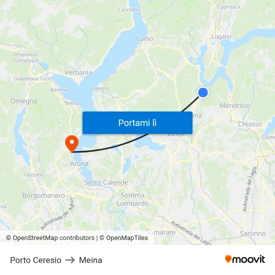 Porto Ceresio to Meina map