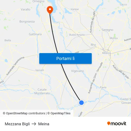 Mezzana Bigli to Meina map