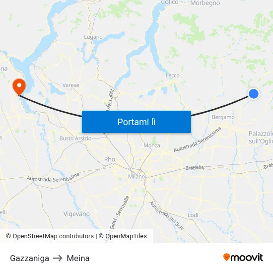 Gazzaniga to Meina map